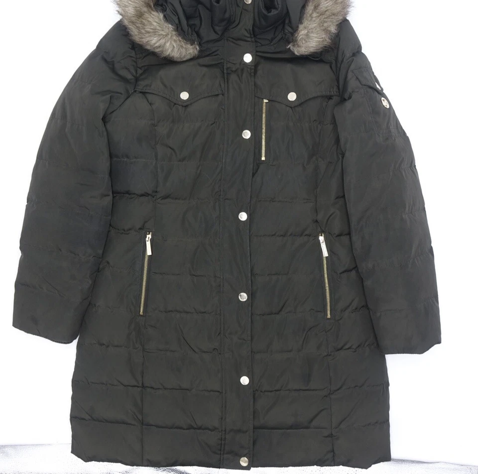 Michael Kors Down Puffer 夹克人造毛皮连帽大号女式橄榄色 — 第 2/4 张图片