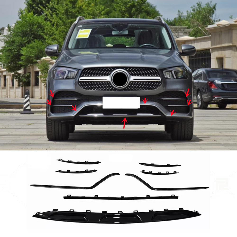 Replace For Benz GLE-Class 2020-2024 Black Front Bumper Molding Trim KIT 8PCS