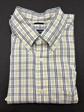 Nautica 80  s Two-Ply Cotton Shirt Men L Yellow Blue Plaid Short Sleeve Logo
