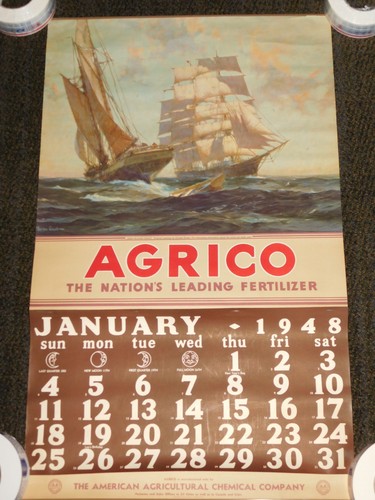 VINTAGE 1948 LARGE 34" X 20 1/2" AGRICO SAILING SHIPS FERTILIZER CALENDAR