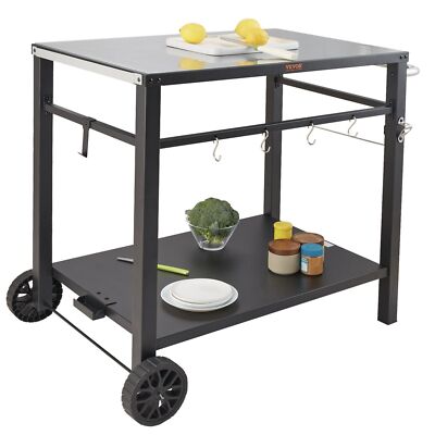 Portable Outdoor Grill Dining Cart w/ Double-Shelf BBQ Movable Table w/ 2 Wheels