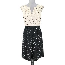 Adrianna Papell Dress Womens 8 Beige Black Polka Dot Lined Pleated Neck Zipper