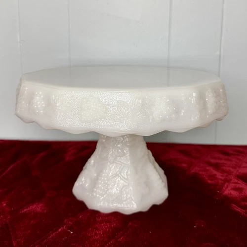 Vintage Anchor Hocking Skirted Milk Glass Pedestal Cake Stand Grape Leaves