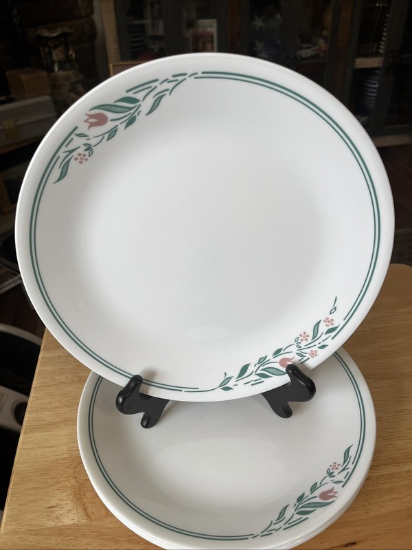 6x Corelle Rosemarie Dinner Plates 10 1/4" Pink Tulips  Teal Green Leaves