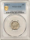 1942/1 MERCURY DIME - PCGS VF-30, NICE ORIGINAL KEY-DATE