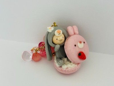 OOAK Japanese Handmade Kawaii Piggy Bunny Macaron Bag Charm Keychain