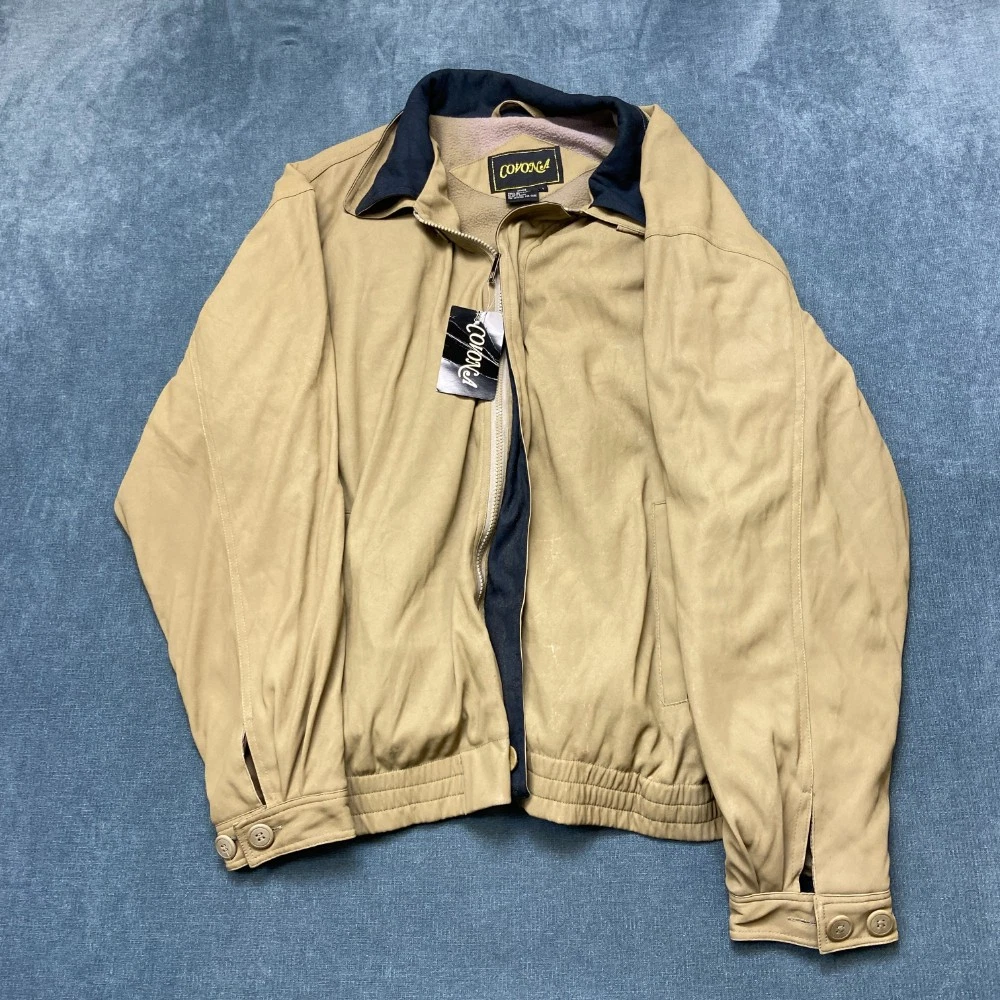 Vintage Covona Bomber Jacket Men Large Beige Fleece Lined Full Zip Warm Collared