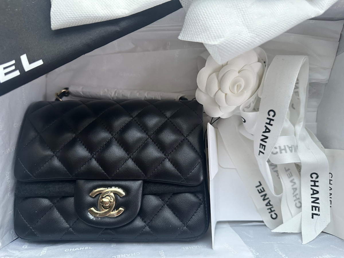 New Rev CHANEL Mini Square Black Lambskin Timeles Classic Flap