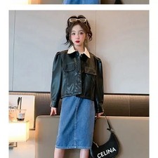 Girls' Leather Jacket with Color-Contrast Collar