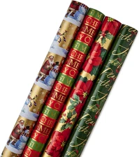 Reversible Christmas Wrapping Paper Bundle, Traditional (Pack of 4, 150 Sq. Ft.