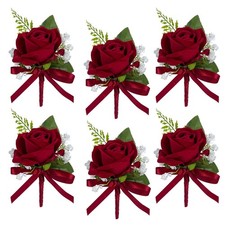 Red Rose Boutonniere for Men Wedding Set of 6, Groom and Best Man Boutonniere...