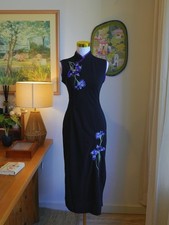 Vintage Black Maxi Dress Purple Floral Embroidery Slim Fit Elegant Evening