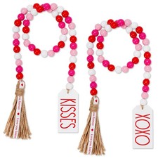 2Pcs Valentine Wood Bead Garland with Tassels Tags Farmhouse Pink White Hanging