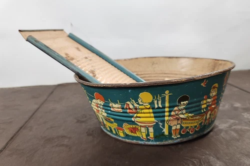 J Chein & Co Tin Doll Washtub and Wash Board Antique
