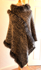 Quiz Grey Black Faux Fur Trim Poncho Cape Wrap Shawl Winter One Size