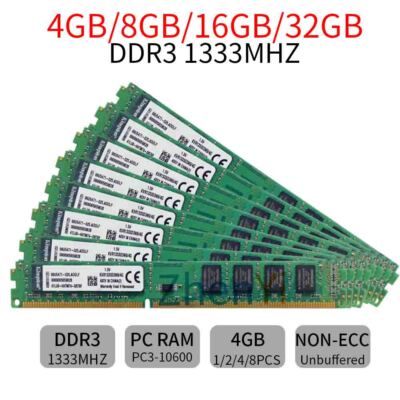 Barrette Mémoire RAM DDR3 Kingston 1333Mhz - 8GB, 16GB Ou 32GB - PC3-10600U DIMM - Neuf