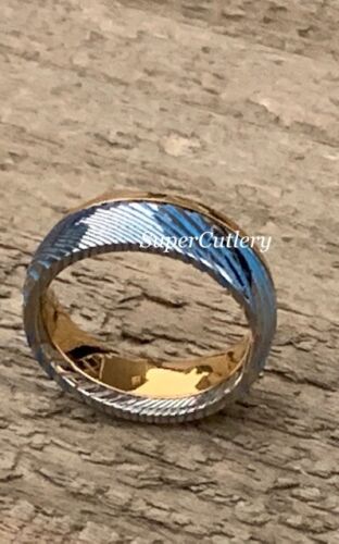 CUSTOM DAMASCUS STEEL MEN WEDDING BAND 14K GOLD ENGAGEMENT RING - RUST RESISTANT - Picture 2 of 4