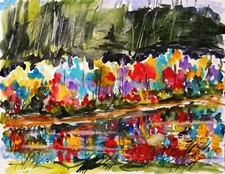 ORIGINAL Pond Landscape  WATERCOLOR Painting JMW art John Williams Expressionism