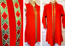 Vtg Lorraine Velour Knee Length Robe Silky Nylon Short Gown S/M Red Gold Trim