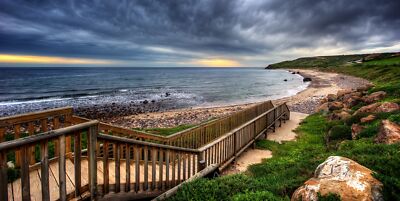 Landscape nature r coast sea stairs sky clouds stones Custom Gaming Mat Desk