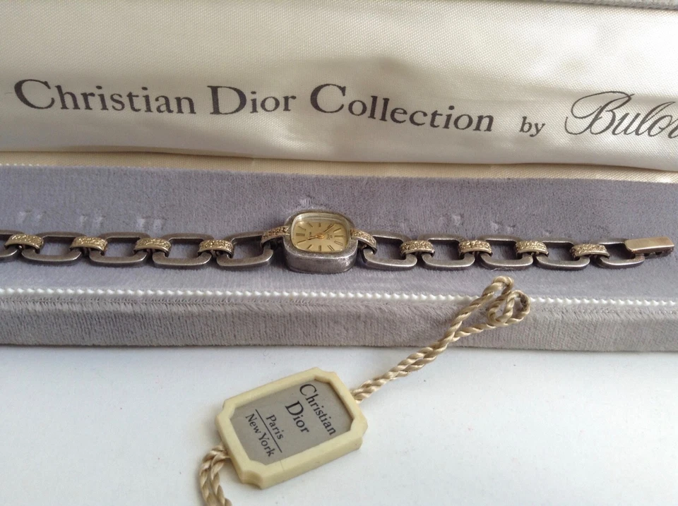 Vtg Sterling & 14K Gold  BULOVA CHRISTIAN DIOR Ladies Wristwatch Original Box - Image 3 of 4