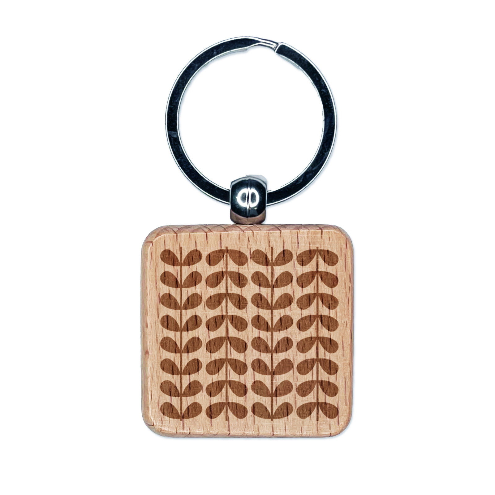 Scandinavian Leaf Stems Engraved Wood Square Keychain Tag Charm