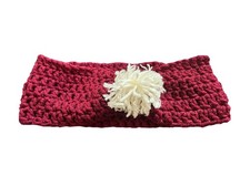 Handmade crochet Cozy women  s Ear Warmer Headband Burgundy With White Pom Pom