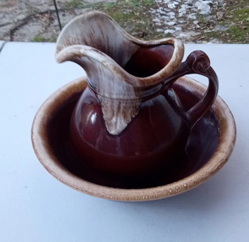 McCoy Pottery #7528 Brown Drip Glaze Small Pitcher And Basin/Bowl Set