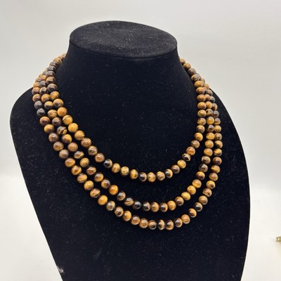 Vtg Tiger's Eye Round Bead Necklace Multi Strand Silver 925 Clasp Very Nice