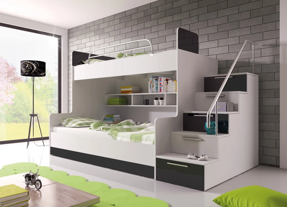 Doppelstockbett Etagenbett Hochglanz Hochbett 90x200 Kinderbett FARBE SCHWARZ - Bild 1 von 1