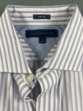 SIZE 15 - Tommy Hilfiger Men's Non-Iron Cotton Striped Dress Shirt, Slim Fit