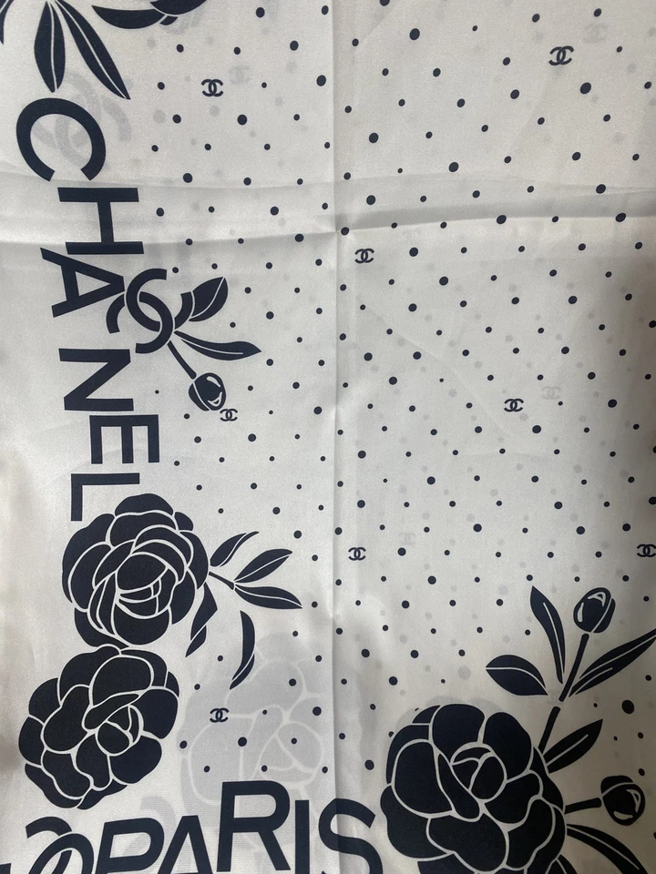 Chanel women  flower Pattern White x Black Silk Scarf   - Image 4 of 4