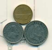 3 COINS from the NETHERLANDS - 1968 1 GULDEN, 1970 2 1/2 GULDEN & 1988 5 GULDEN