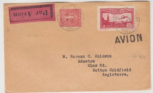 FRANCE 1930 1f 50 lake air issue on air mail FDC *VINCENNES-SUTTON COLDFIELD*