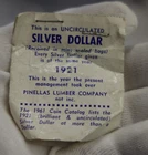 Pinellas Lumber Advertising 1921 US Morgan Unc Silver Dollar.