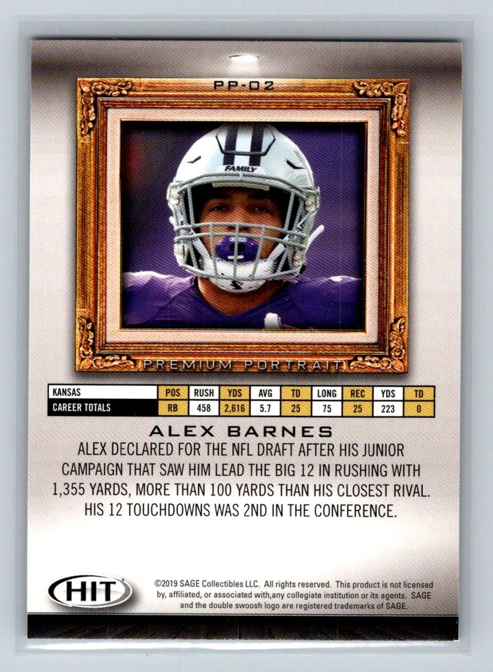 2019 SAGE HIT Premium Portrait Rookie RC #PP-02 Alex Barnes Kansas State - Image 2 of 2