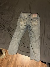 True Religion Men's Light Blue Denim Jeans Straight Fit 5-Pocket Button Logo
