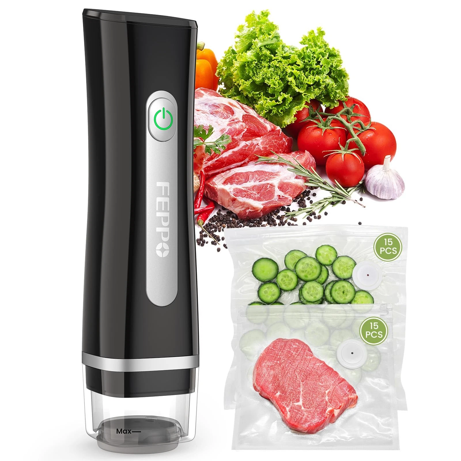 FEPPO Compact Handheld Vacuum Sealer w/ Visible Water Tank & 30 Reusable Bags
