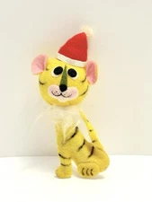 Vintage 1960s Kitsch Handmade Felt Tiger in Santa Hat Ornament