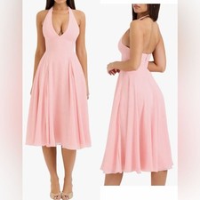 NEW House of CB Solada Floral Halter Midi Peach Pearl Sun Dress sz S