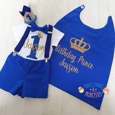 Blue & gold baby boys prince 1st birthday personalised cake smash outfit cape