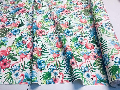 Tela floral de pájaro flamenco rosa y cortinas de vestir de hoja de palma tro... - Imagen 4 de 6