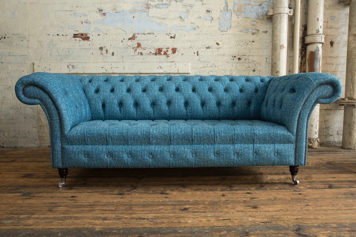 HANDMADE 3 SEATER DISTRESSED BLUE VELVET CHESTERFIELD SOFA FABRIC SETTEE