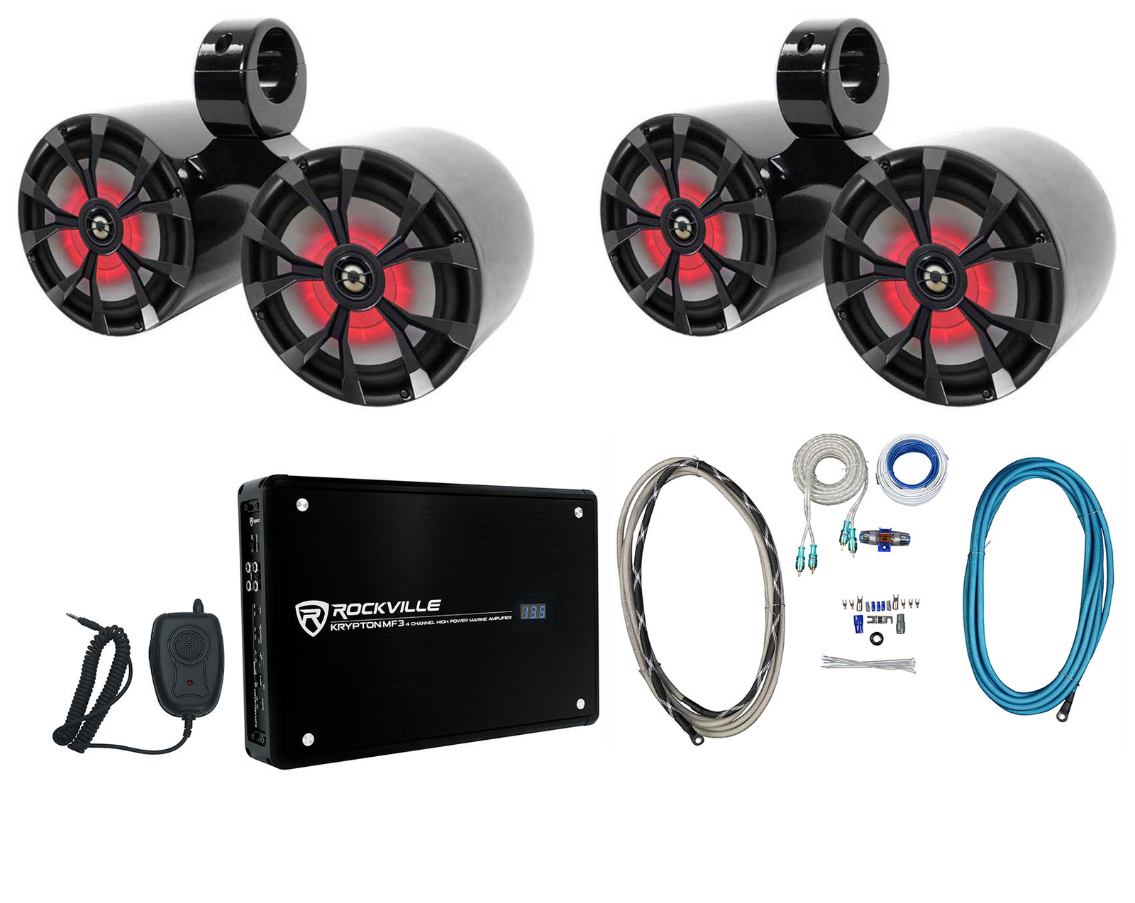 2 Rockville RKL80MB Dual 8 Морских черных светодиодных динамиков для вейкборда Усилитель Провода