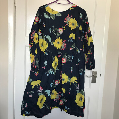 Kleid dunkelblau Blumen UK 16 knielang langarm A-Linie herbstlich