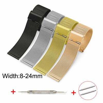 8mm-24mm Meshed Loop Metal Band Mesh Watch Strap Stainless Steel Bracelet w Pins