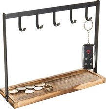 Porta llaves de mesa de madera quemada y metal negro de 5 ganchos, estante organizador de joyas
