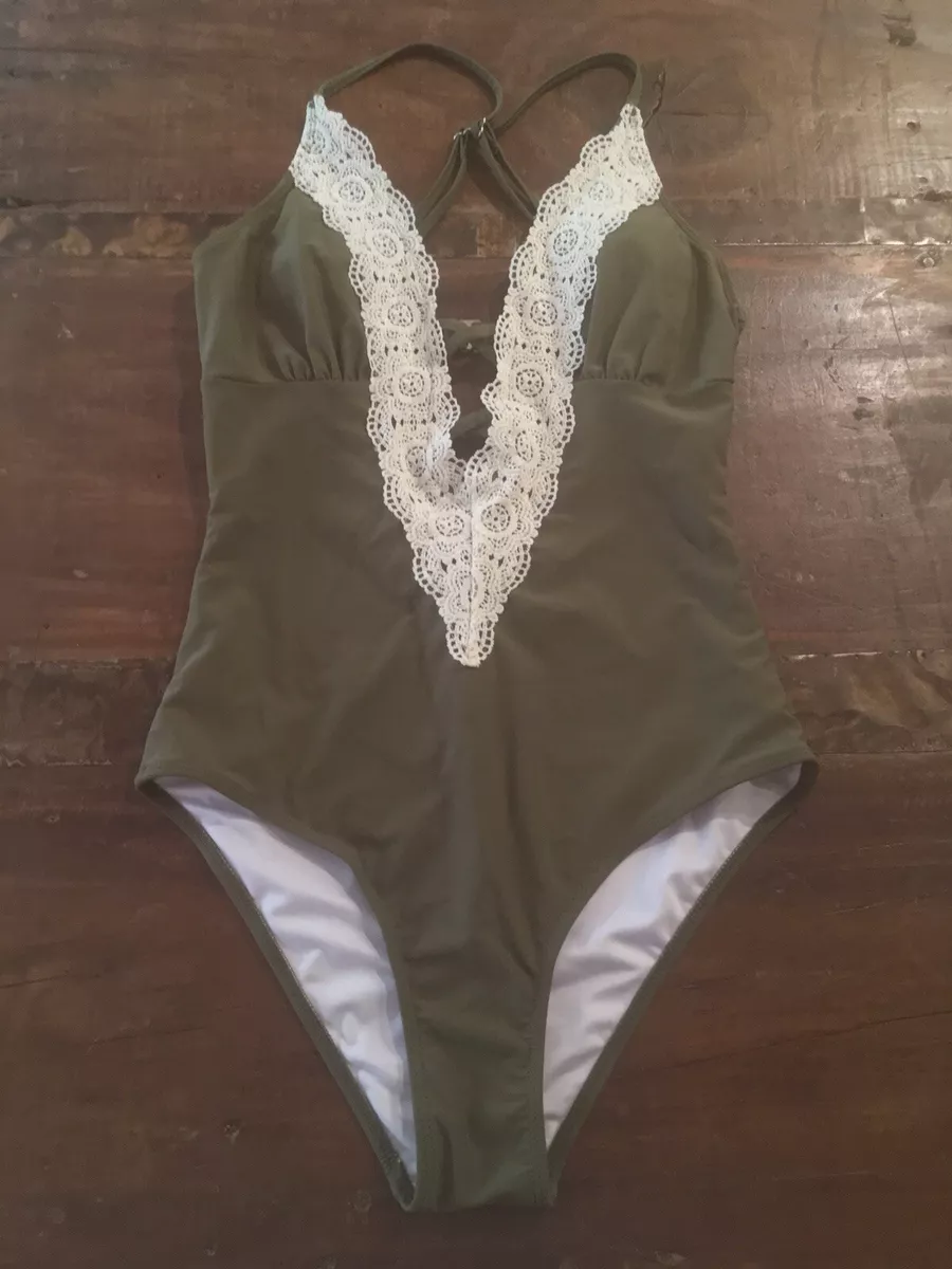 Women s Cupshe Vintage Green With Lace Plunge One Piece Swimsuit Size Small NWT