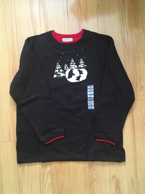 Jennie Moore Winter Snow Pines Penguin Black & Red Pullover Sweatshirt Sweater 