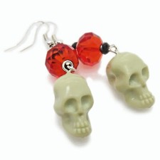 Halloween Skull and Orange Glass Bead Earrings By SoniaMcD